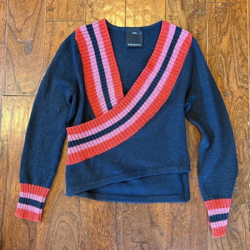 Anthropologie C/MEO Collective Faux Wrap Pink Red Navy Knit V Neck Sweater XS - Picture 3 of 8